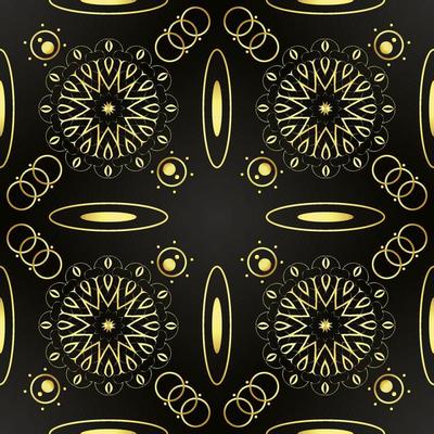 It is a dark astronomical texture with golden mandalas