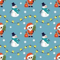 Seamless Christmas pattern with snowmen, Santa Claus, snowflakes and garland. Bright print for New Year and winter holiday, wrapping paper, textiles and designs. vector