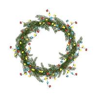 Round Christmas frame from fir branches with garland of multicoloured bulbs. Festive decoration for New Year and winter holidays vector