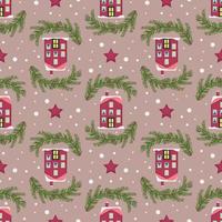 Seamless pattern with festive Christmas houses, tree branches and snowflakes on pink background. Bright print for the New Year and winter holidays for wrapping paper, textiles and design. vector