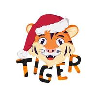 tigre feliz, símbolo del año nuevo en rojo gorro de santa de navidad. animales salvajes de África, cara con emoción alegre, decoración navideña con letras de rayas naranjas vector