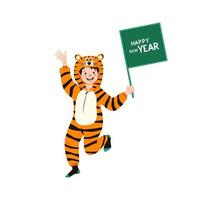 Boy in carnival costume of Chinese tiger with sign for text in hand. Child in party pyjamas. Kid in jumpsuit or kigurumi, festive clothes for New Year, Christmas or holiday vector