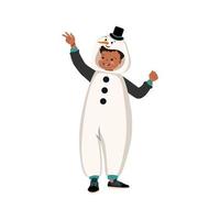 Boy in carnival costume of snowman. Festive clothing for pajama party, theatre, New Years or Christmas. Child dancing with happy face and smile vector