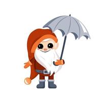 Little gnome with long white beard, cheerful face and umbrella. Character for harvest autumn festival, Thanksgiving Day, decorate house and garden vector
