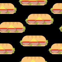Hoagie long sandwich de patrones sin fisuras, comida rápida sobre fondo negro vector