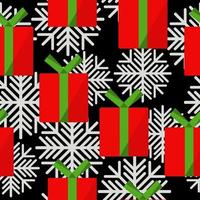 Gift boxes seamless pattern, red boxes with green ribbons and snowflakes on a black background vector