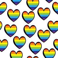 Rainbow hearts with black outline seamless pattern, bright symbols on a white background vector