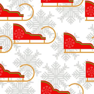 Christmas sleigh seamless pattern, bright red Xmas sleigh and snowflakes on white