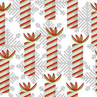 Cajas de regalo de patrones sin fisuras, cajas altas grises con cintas rojo-verdes y copos de nieve en blanco vector