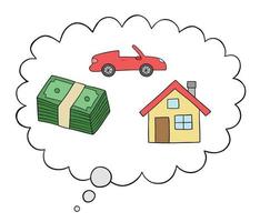 Cartoon man dreams of money, house and luxury car, vector illustration