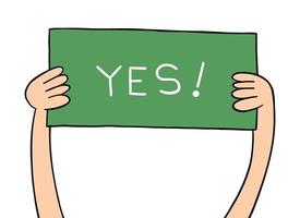 Cartoon holding up yes sign, vector illustration.