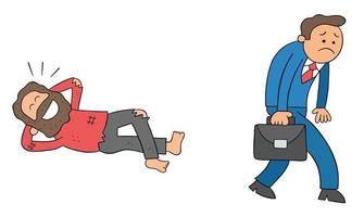 Cartoon businessman goes to work and is unhappy, but homeless man lies on the ground and is very happy, vector illustration