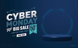 Plantilla de banner de venta de Cyber Monday para ilustración de vector de promoción empresarial con escena de podio de producto en blanco