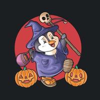 lindo pingüino celebra halloween vector