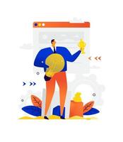Illustration of a businessman with a light bulb and a cup. A man on the background of the interface window. Flat illustration. Winning business and achieving your goals through creativity. vector