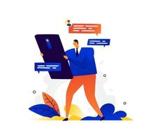 Illustration of a businessman and a phone. Vector. A man chatting. Metaphor. Modern means of communication and communications. Online conversation through messengers. Flat business illustration. vector