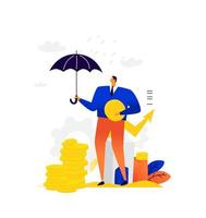 Illustration of a businessman with coins under an umbrella. Vector. Metaphor. A man is trying to keep his capital from inflation. The fall of stocks on the stock exchange. The broker makes money. vector