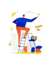 Illustration of a businessman and a star. Vector. A man walking for a dream. Metaphor. On the steps to your goal and dreams. Implement plans and find your place. Flat business illustration. vector