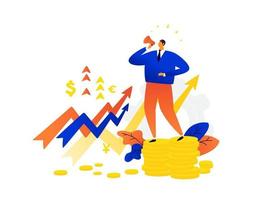 Ilustración de un hombre de negocios hablando por un megáfono. vector. la caída de acciones, activos, bonos. los tipos de cambio. Gráficos de monedas a la baja y al alza. aumentos de precios e inflación. vector