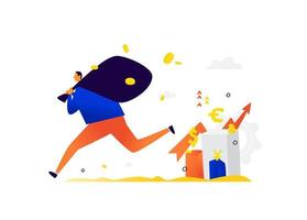 Illustration of a little man running away with investor income. The thief stole the capital. Vector. Metaphor. The rise and fall of foreign exchange assets. Stocks and bonds generate income. vector