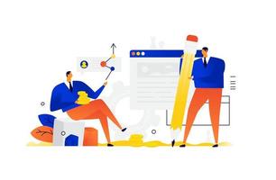 Illustration of a man with a pencil and a businessman with coins. Vector. Metaphor. Businessman gives advice. Interface development. A sense of content manager and editor. Flat illustration. vector