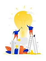 Illustration of businessmen creating new ideas. Vector. Metaphor. Two people produce a new product. Caring for the business and the future. Power generation. Bright and dazzling product. vector