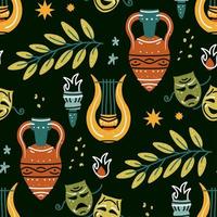 Seamless pattern with antique amphora, harp, olive branch, torch, mask vector