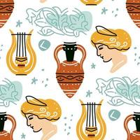 Seamless pattern with antique statue of woman, amphora, harp, pattern vector