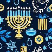 Happy Hanukkah seamless pattern with menorah, dreidels, donuts vector