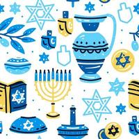 Happy Hanukkah seamless pattern with menorah, dreidels, donuts vector