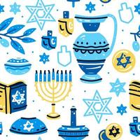 feliz hanukkah de patrones sin fisuras con menorah, dreidels, donas vector