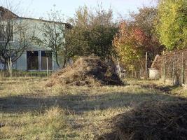 Pajar en el pueblo y jardín. foto