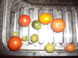 tomates maduros se encuentran en un fregadero de metal foto
