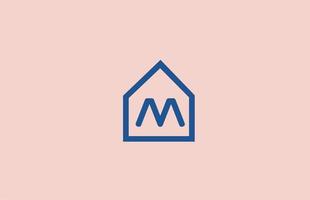 blue pink M alphabet letter logo icon for company and business with house design vector