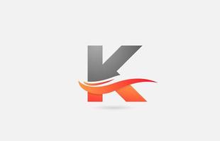 orange grey K alphabet letter logo icon for business and company with swoosh design vector