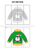 Cut and glue game for kids. Ugly Christmas sweater with penguin. vector