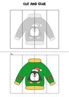 Cut and glue game for kids. Ugly Christmas sweater with penguin. vector