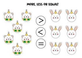 More, less, equal with Christmas balls. Math comparison. vector