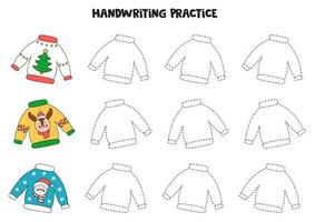 Tracing lines with ugly Christmas sweaters. Writing practice. vector