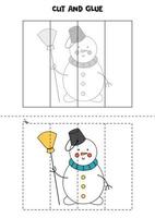 Cut and glue game for kids. Cute cartoon snowman with broom. vector