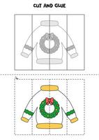 Cut and glue game for kids. Ugly Christmas sweater with wreath. vector