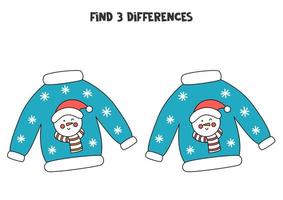 Encuentra 3 diferencias entre dos lindos suéteres navideños. vector