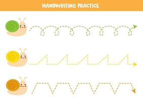 Tracing lines with cute snails. Writing practice. vector