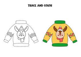 Trace and color cartoon Christmas sweater. Worksheet for kids. vector