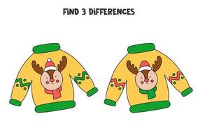 Encuentra 3 diferencias entre dos lindos suéteres navideños. vector