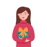 Girl in red sweater hold christmas present vector