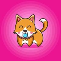 Cute orange puppy dog with smiling face and biting a blue ball in pink background vector