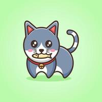 Cute cat with grey and white color biting a fish in green background flat design vector