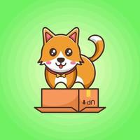 Lindo perrito naranja con cara sonriente y collar de huesos de pie sobre una caja volteada en fondo verde vector