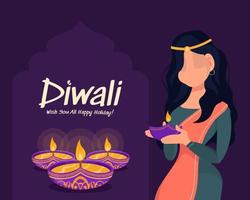 Mujer de diwali sosteniendo lámpara de aceite, día de fiesta de diwali sobre fondo púrpura, tarjeta de felicitación de celebración de diwali, vector. vector